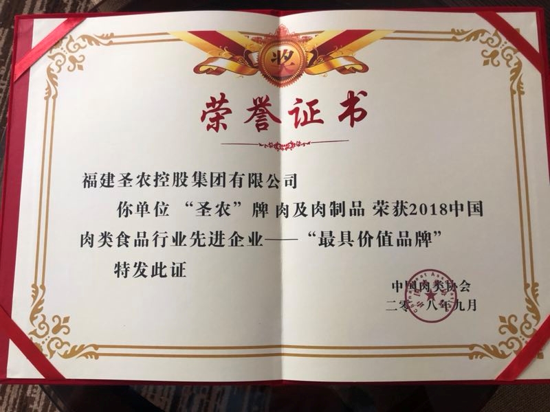 2018（南宫国际集团）中国肉类食物行业先进企业——最具价值品牌